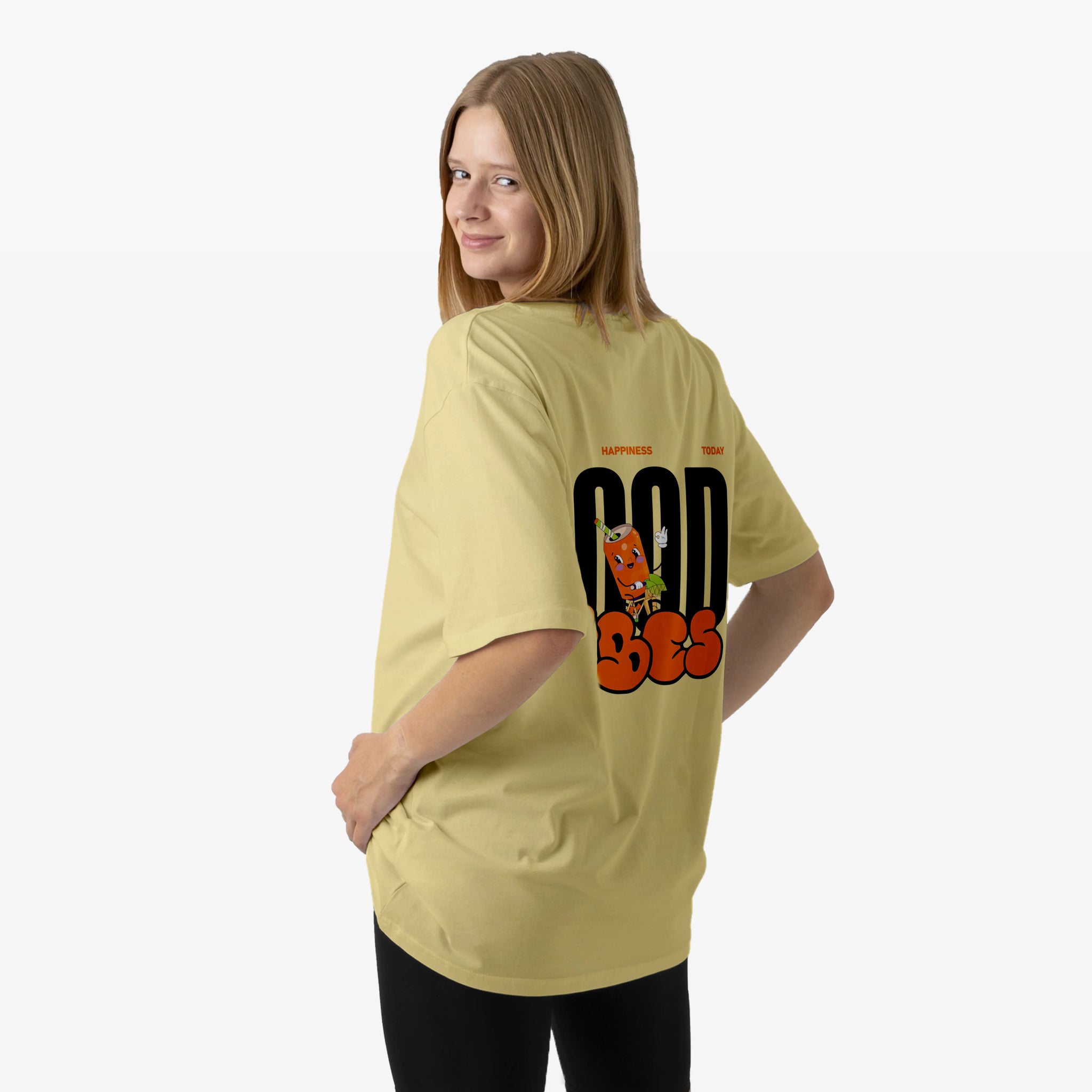 Women’s Beige Good Vibes Graphic Printed Oversized T-Shirt