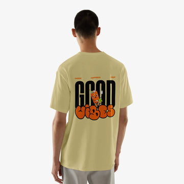 Men’s Beige Good Vibes Graphic Printed Oversized T-Shirt