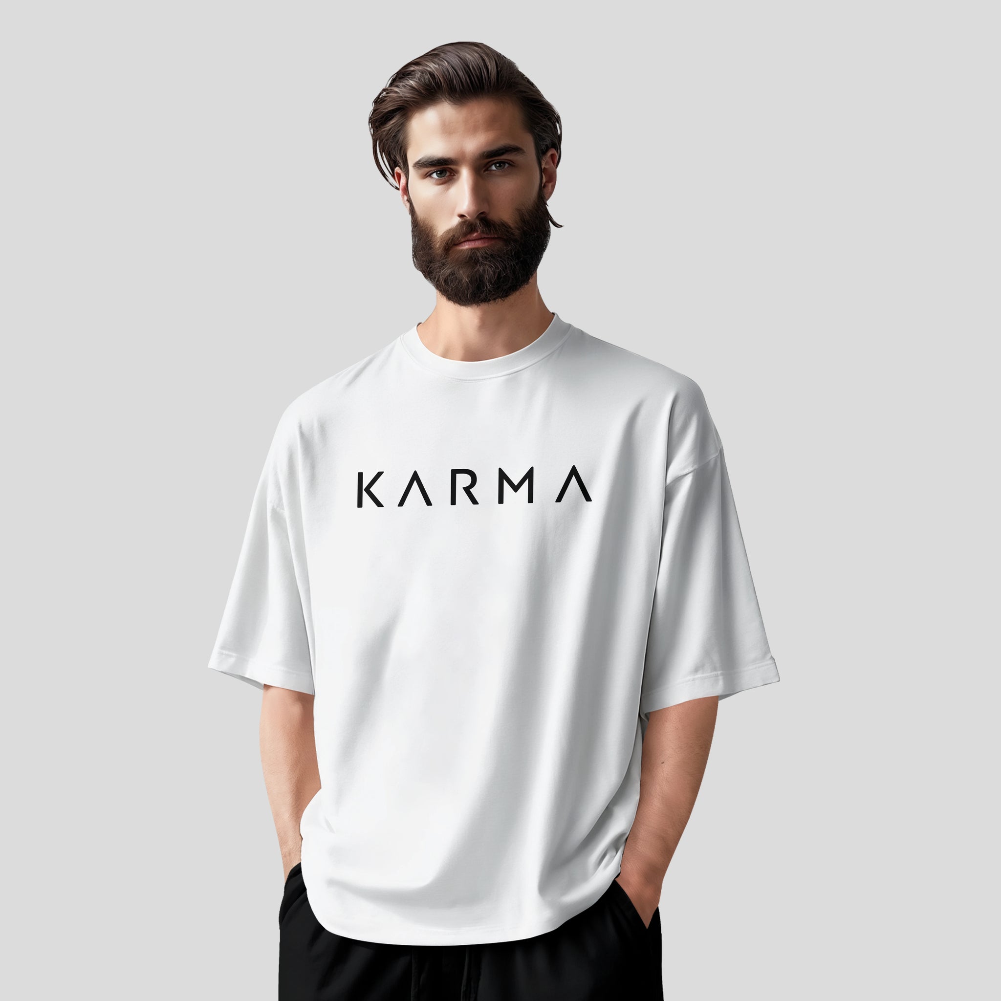 Men’s White Karma Graphic Printed Oversized T-Shirt