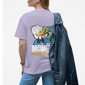 Women’s Lavender Money Addiction Graphic Printed Oversized T-Shirt