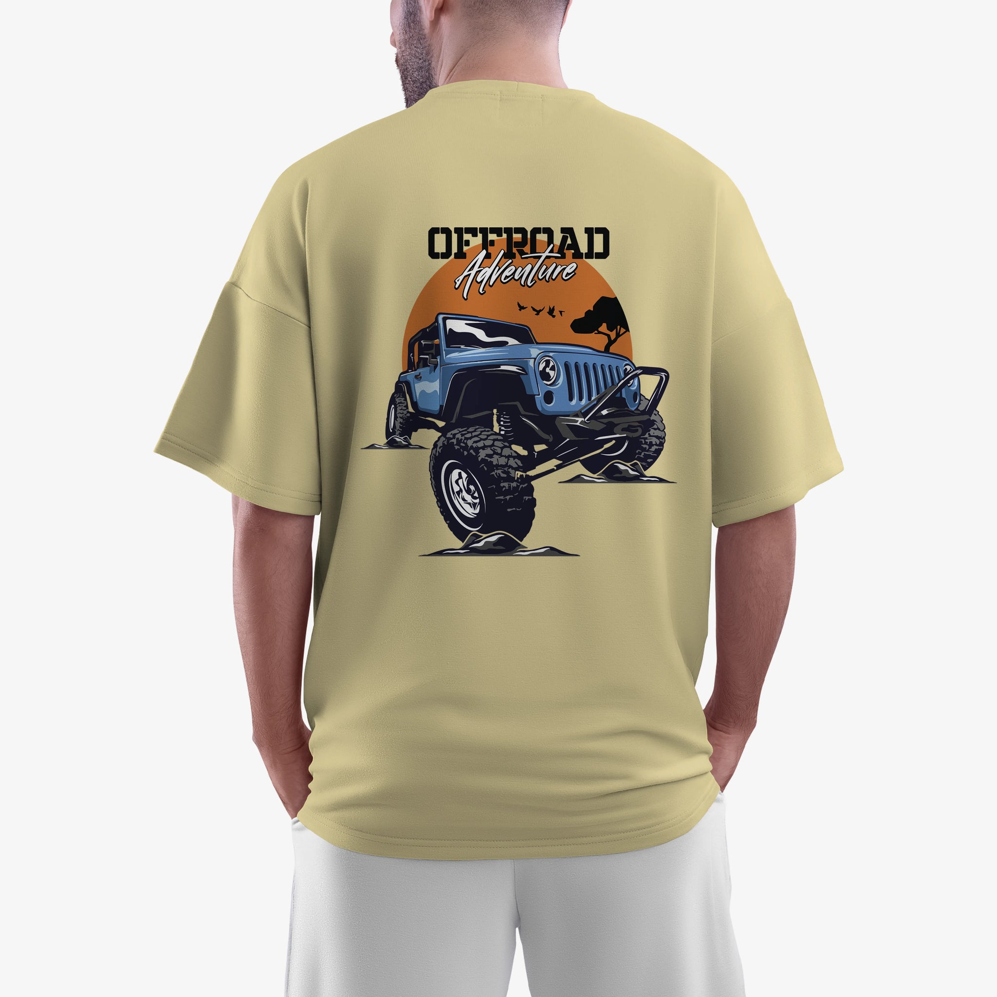 Men’s Beige Off Road Adventure Graphic Printed Oversized T-Shirt
