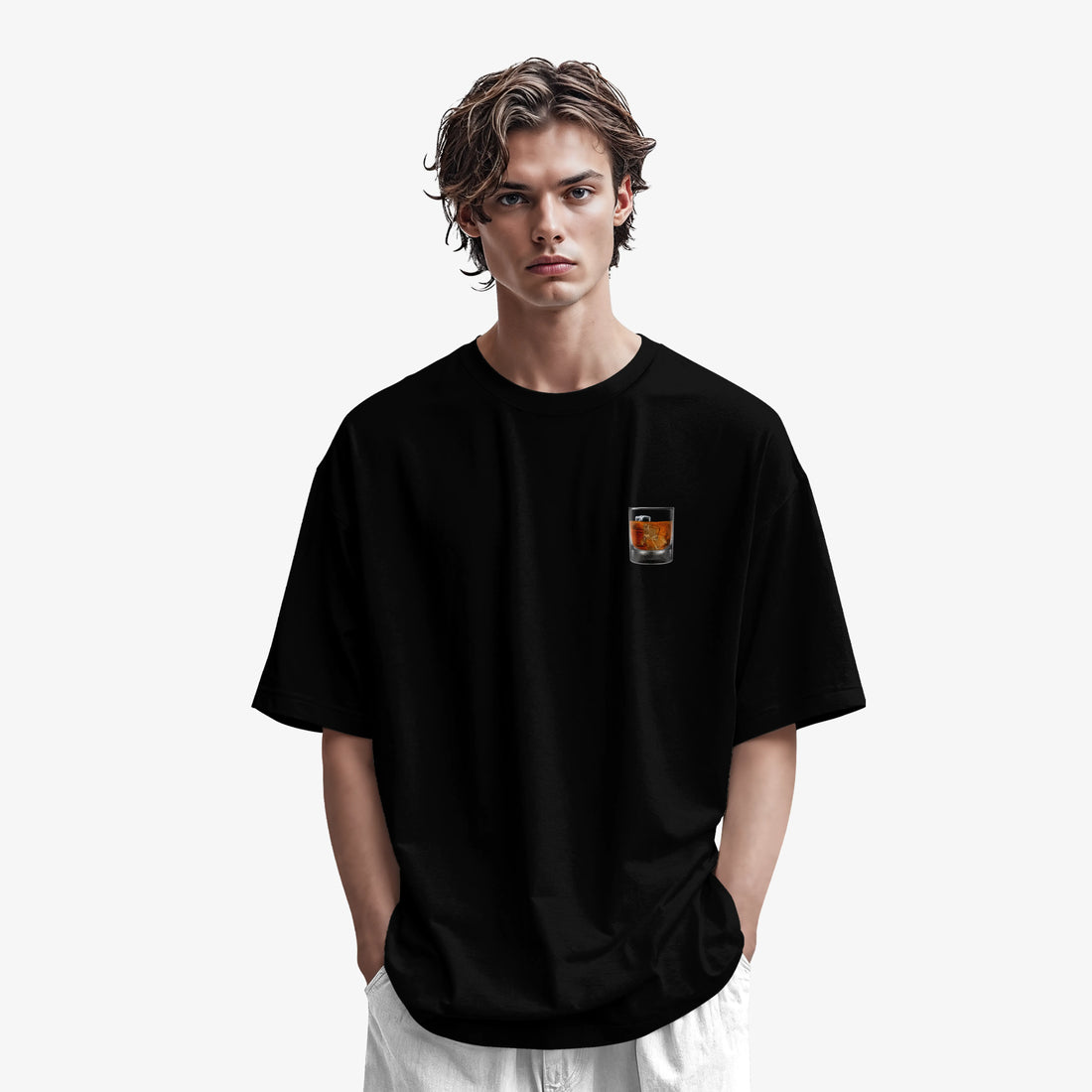 Men’s Black Whiskey Graphic Printed Oversized T-Shirt